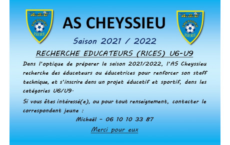 Recherche éducateurs U6-U9 saison 2020-21